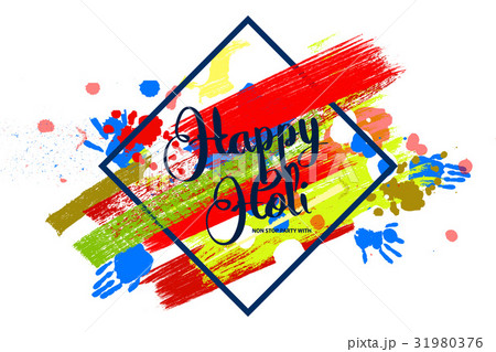 Happy holi on a background of hand prints. 31980376