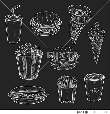 Fast food meals vecor icons set of chalk sketch 31980854