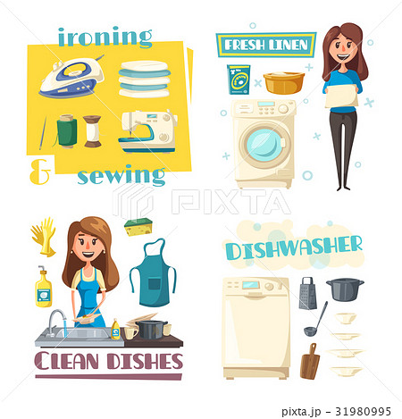 Vector home cleaning and washing, woman ironing Vector home cleaning and washing, woman ironing 31980995