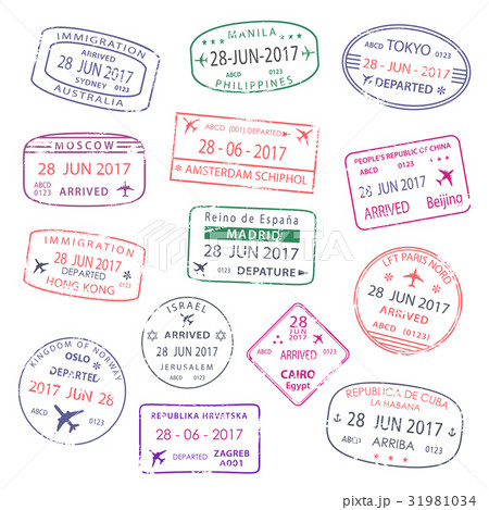 Vector icons of world travel city passport stamps Vector icons of world travel city passport stamps 31981034