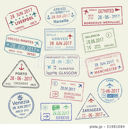 Vector icons of world travel city passport stamps 31981084