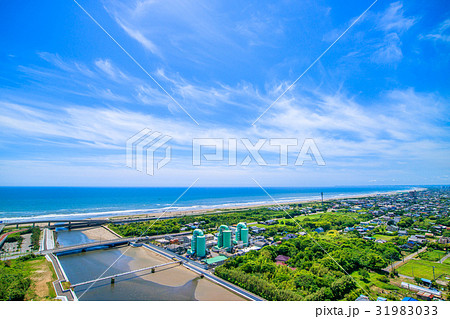 大網白里市　九十九里町の海岸付近を空撮 31983033