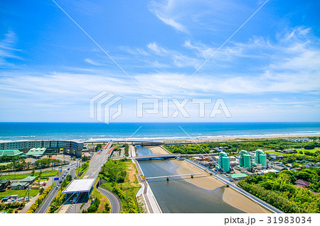 大網白里市　九十九里町の海岸付近を空撮 31983034