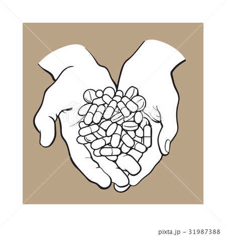 Two cupped hands holding handful, pile of pills 31987388