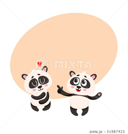 Two baby panda characters, one pointing to another 31987423