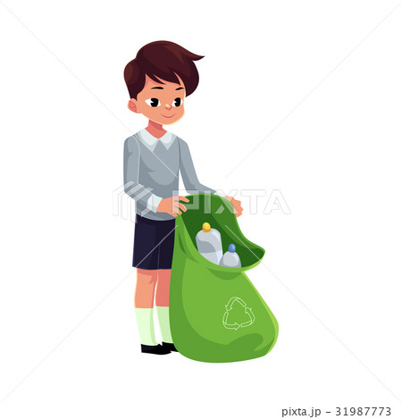 Boy holding green bag of plastic bottles, garbage 31987773