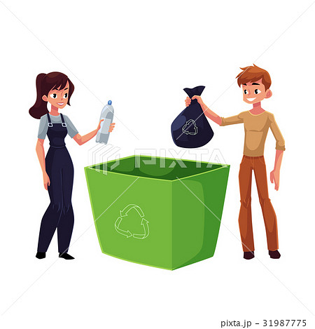 Man, woman putting garbage into trash bin, waste 31987775