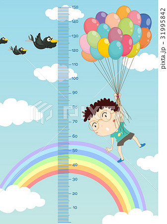 Chart with boy flying balloons in sky backgro Chart with boy flying balloons in sky backgro 31995842