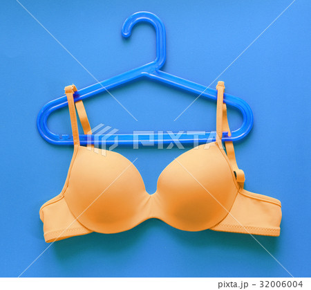 Summer concept, bra on coat hanger on blue Summer concept, bra on coat hanger on blue 32006004