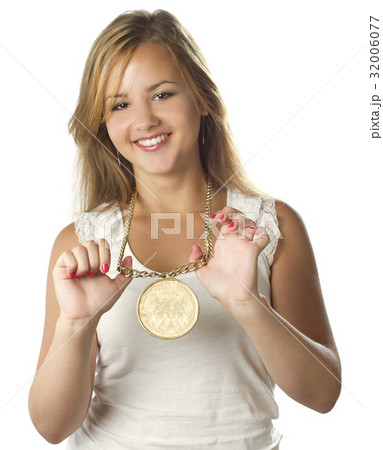 young teenage girl with medal smiling on white young teenage girl with medal smiling on white 32006077