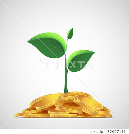 Plant with leaves on a pile of gold coins. Plant with leaves on a pile of gold coins. 32007151