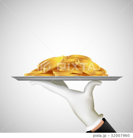 Human hand holding a tray with gold coins. 32007960