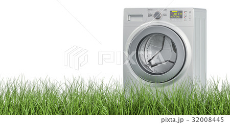 Washing machine on the green grass, 3D rendering Washing machine on the green grass, 3D rendering 32008445