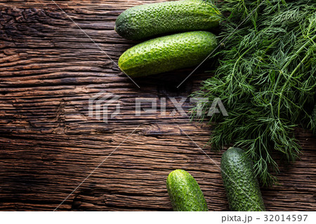 Cucumber and dill on very old rustic oak table. Cucumber and dill on very old rustic oak table. 32014597