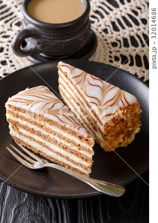 The cake of Esterhazy and coffee close-up The cake of Esterhazy and coffee close-up 32014686