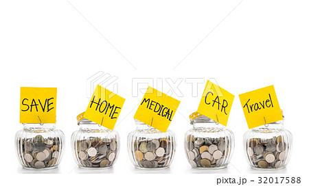 Coins in many glass bottles, saving money cocept 32017588