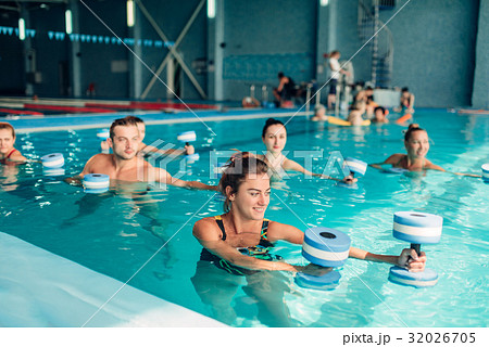 Aqua aerobics, healthy lifestyle, water sport Aqua aerobics, healthy lifestyle, water sport 32026705