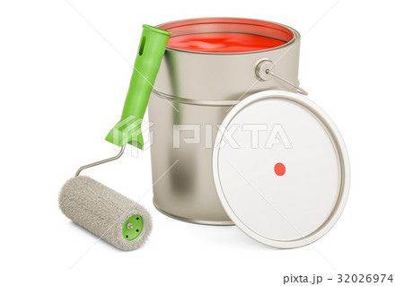 Can with red paint and roller brush, 3D rendering 32026974