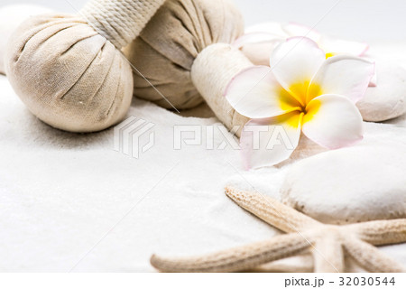 Spa and massage decoration on white sand 32030544
