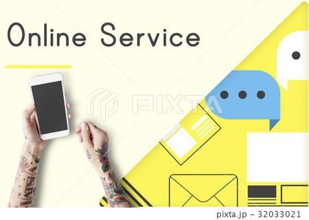 Hands working on Digital device network graphic overlay Hands working on Digital device network graphic overlay 32033021
