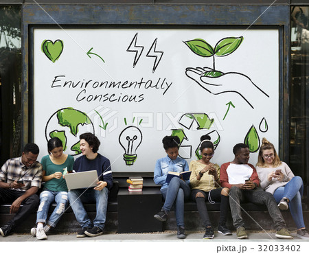 Diverse students sitting with environmental graphic background Diverse students sitting with environmental graphic background 32033402