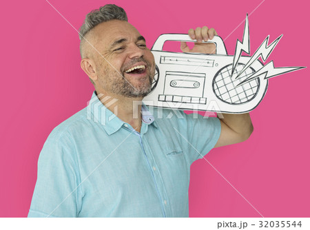 Caucasian Man Holding Paper Crafted Jukebox 32035544