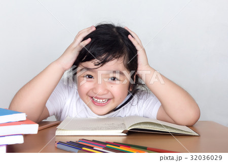 Happy Asian child hands up 32036029
