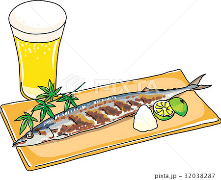 秋刀魚とビールのイラスト素材 3387