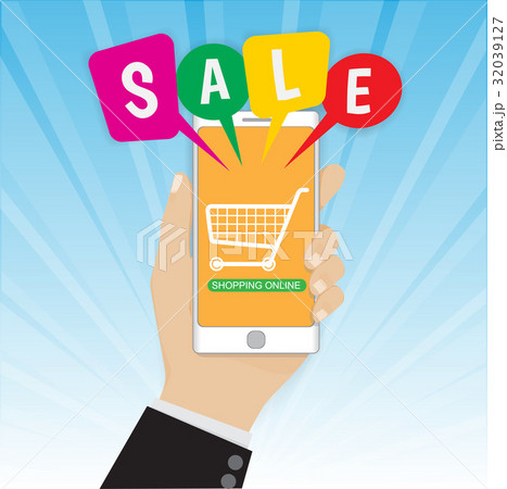 Smartphone with hand and Sale bubble speeches Smartphone with hand and Sale bubble speeches 32039127