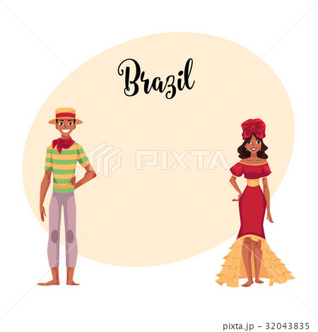 Brazilian man in Festa Junina suit, woman wearing 32043835