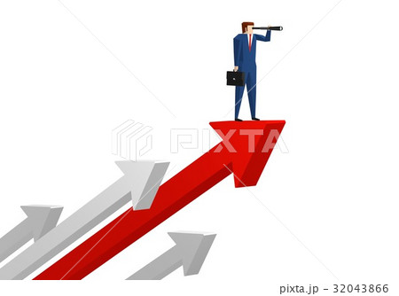 上昇する矢印の上で望遠鏡をのぞくビジネスマン 上昇する矢印の上で望遠鏡をのぞくビジネスマン 32043866
