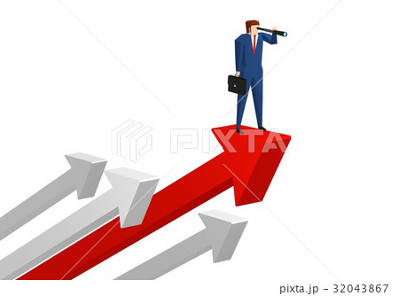 上昇する矢印の上で望遠鏡をのぞくビジネスマン 上昇する矢印の上で望遠鏡をのぞくビジネスマン 32043867