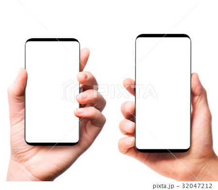 Modern bezelless smartphones in hands Modern bezelless smartphones in hands 32047212