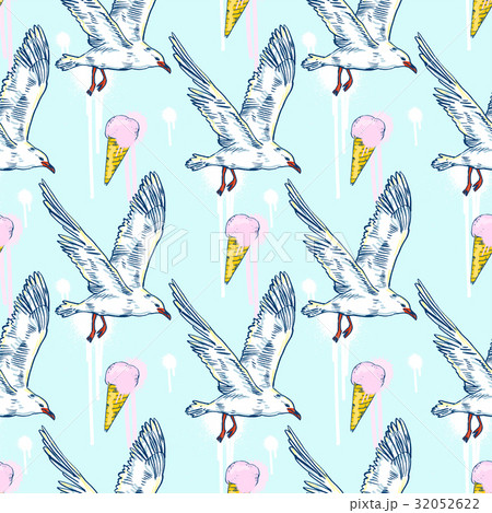 Seabirds. Set of beautiful seagulls and icecream 32052622