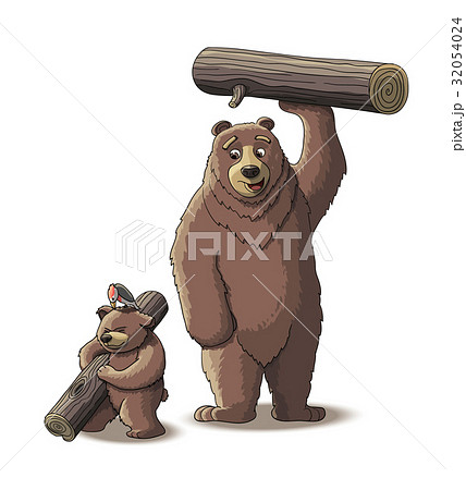 Brown bear and cub bear carry wood 32054024