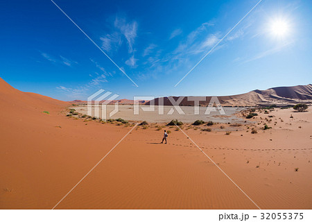 Tourist walking on the scenic dunes of Sossusvlei 32055375
