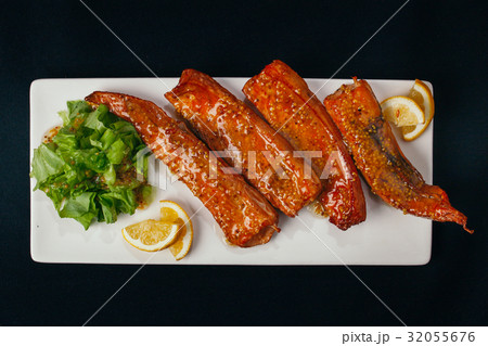 Different dishes with sea food and fish are basis 32055676