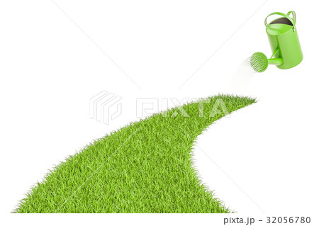 Watering can and grassy way, 3D rendering Watering can and grassy way, 3D rendering 32056780