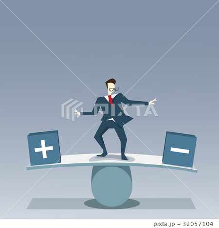 Businessman Balancing Between Plus And Minus Risk Businessman Balancing Between Plus And Minus Risk 32057104