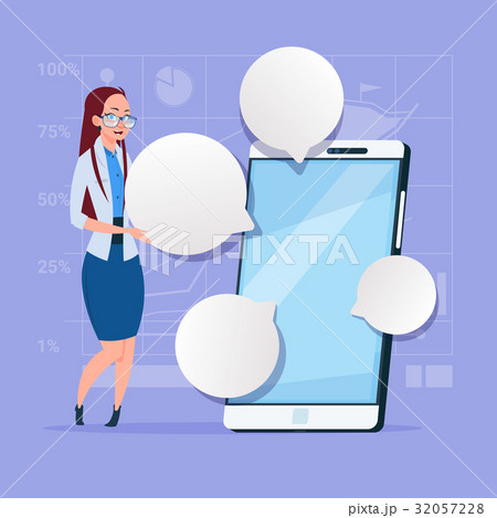 Business Woman Stand With Big Cell Smart Phone Business Woman Stand With Big Cell Smart Phone 32057228