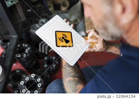 Man Using Tablet Searching Signal Network Banner Man Using Tablet Searching Signal Network Banner 32064134