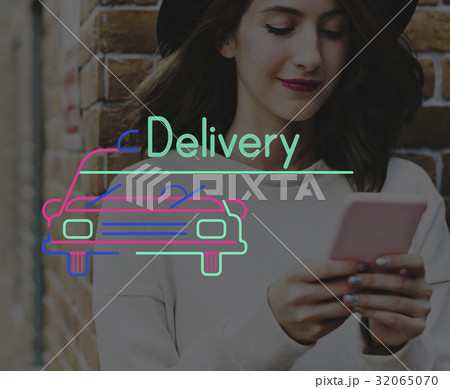 Woman Using Smart Phone Connection with Car Icon 32065070