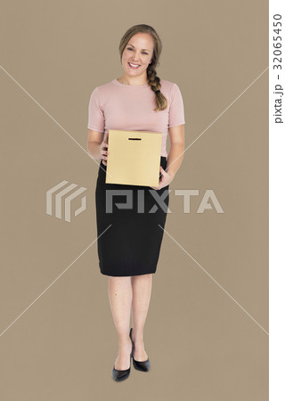 Business Woman Smiling Holding Box 32065450