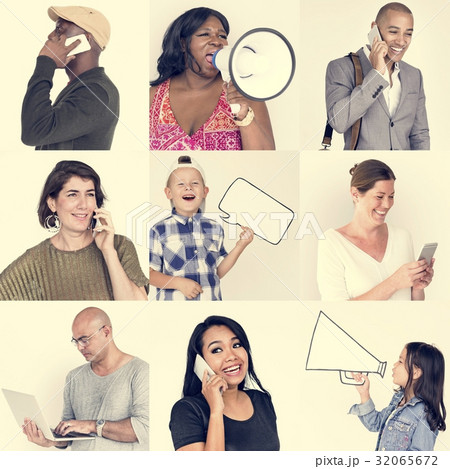 Set of Diverse People With Telephone Communication Studio Collag Set of Diverse People With Telephone Communication Studio Collag 32065672