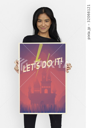 Woman holding network graphic overlay banner 32066121