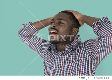 African Descent Man Fret Hand Gesture 32066343