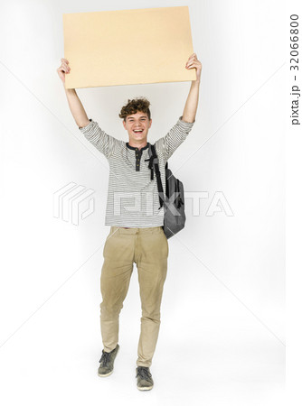 Young Man Hands Hold Showing Blank Paper Board Copy Space 32066800