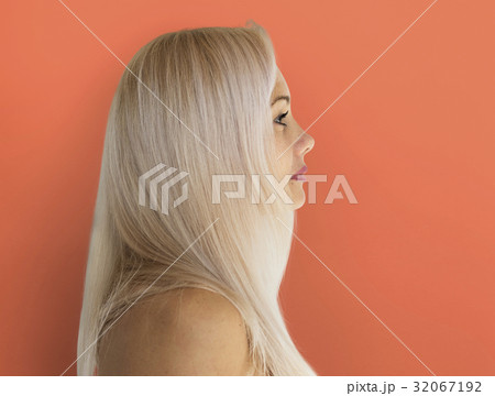 Adult Woman Serene Face Expression Side Gesture Studio Portrait 32067192