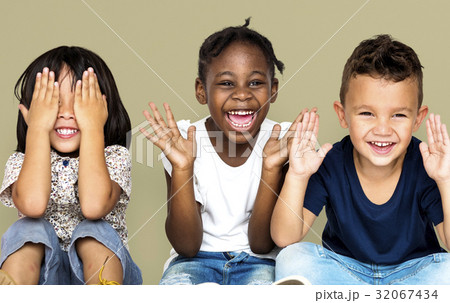 Group of happiness little children sitting on the floor 32067434