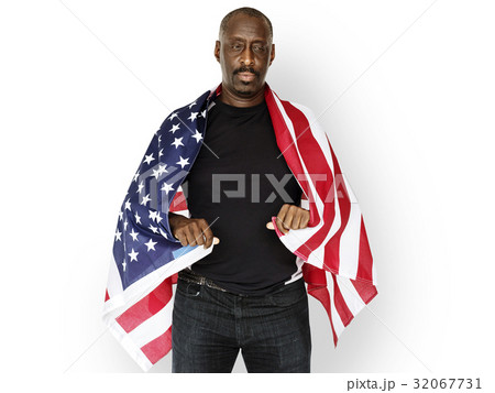 Adult Man Covered with American Flag Nationality Studio Portrait Adult Man Covered with American Flag Nationality Studio Portrait 32067731